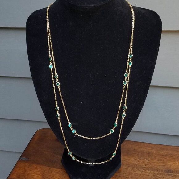 J Crew Green Stone Station Double Strand Necklace - Picture 1 of 7